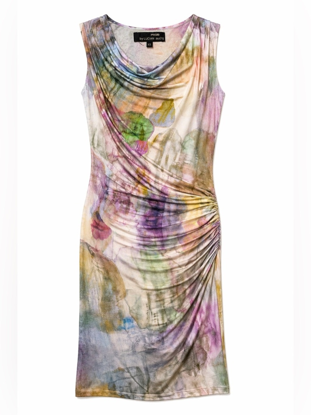 Lucian Matis Watercolor‎ Ruched Dress XS Draped Artsy Bodycon Midi